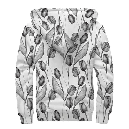 Black And White Tulip Pattern Print Sherpa Lined Zip Up Hoodie