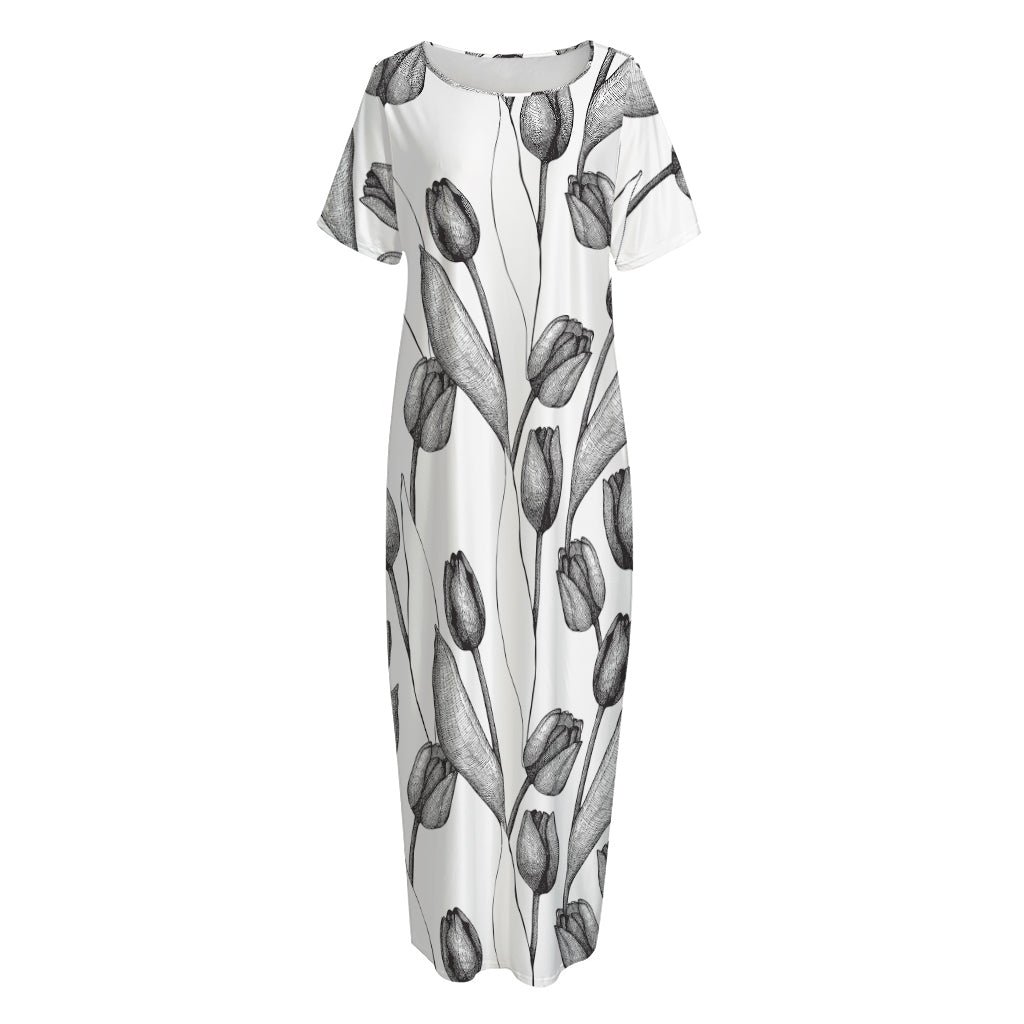 Black And White Tulip Pattern Print Short Sleeve Long Nightdress