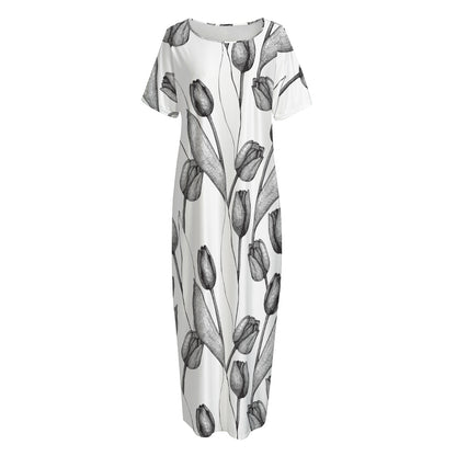 Black And White Tulip Pattern Print Short Sleeve Long Nightdress