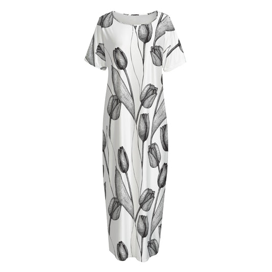 Black And White Tulip Pattern Print Short Sleeve Long Nightdress