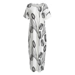 Black And White Tulip Pattern Print Short Sleeve Long Nightdress