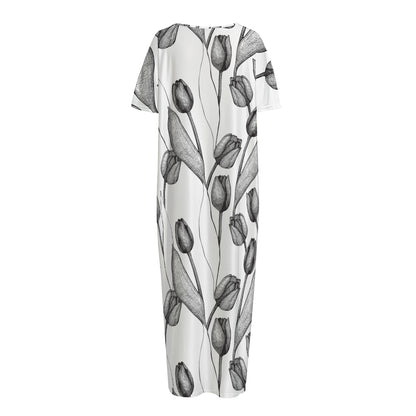 Black And White Tulip Pattern Print Short Sleeve Long Nightdress