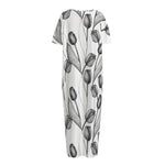Black And White Tulip Pattern Print Short Sleeve Long Nightdress