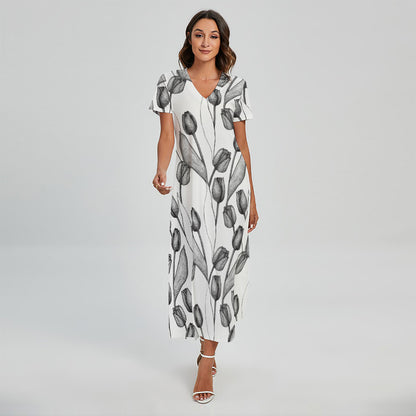 Black And White Tulip Pattern Print Short Sleeve Maxi Dress