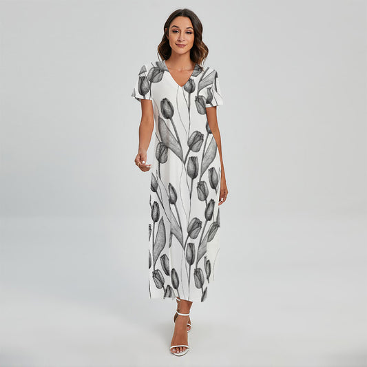 Black And White Tulip Pattern Print Short Sleeve Maxi Dress