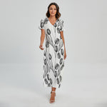 Black And White Tulip Pattern Print Short Sleeve Maxi Dress