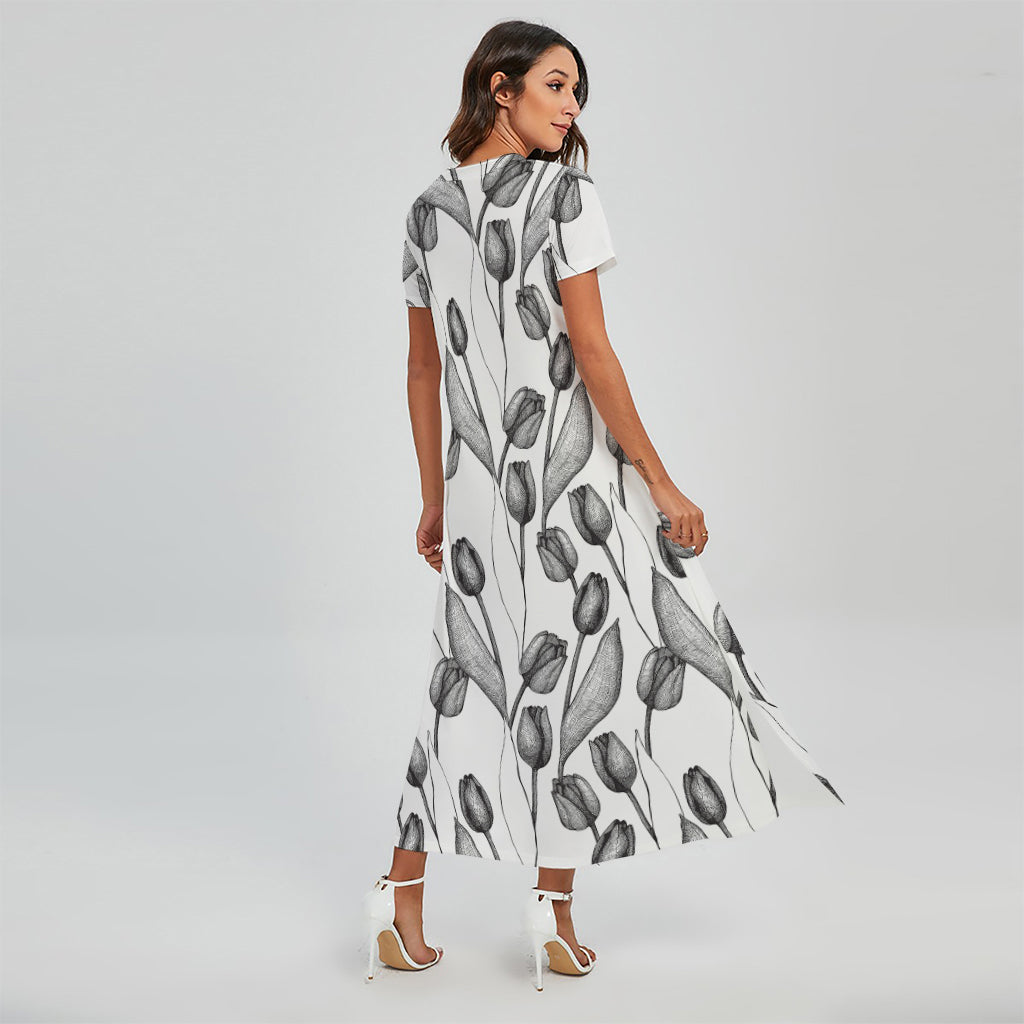 Black And White Tulip Pattern Print Short Sleeve Maxi Dress
