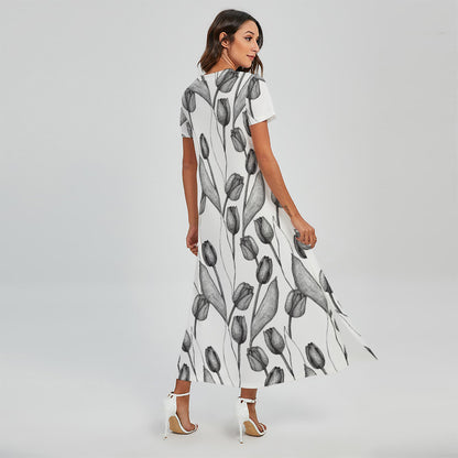 Black And White Tulip Pattern Print Short Sleeve Maxi Dress