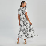 Black And White Tulip Pattern Print Short Sleeve Maxi Dress
