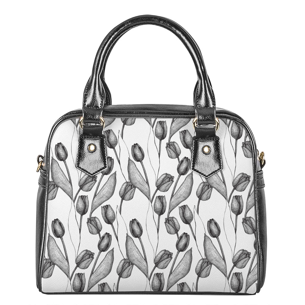 Black And White Tulip Pattern Print Shoulder Handbag