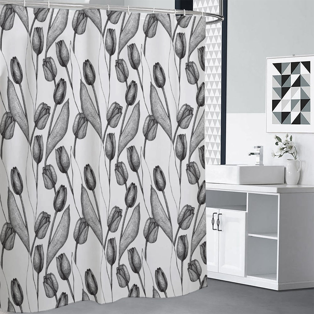 Black And White Tulip Pattern Print Shower Curtain
