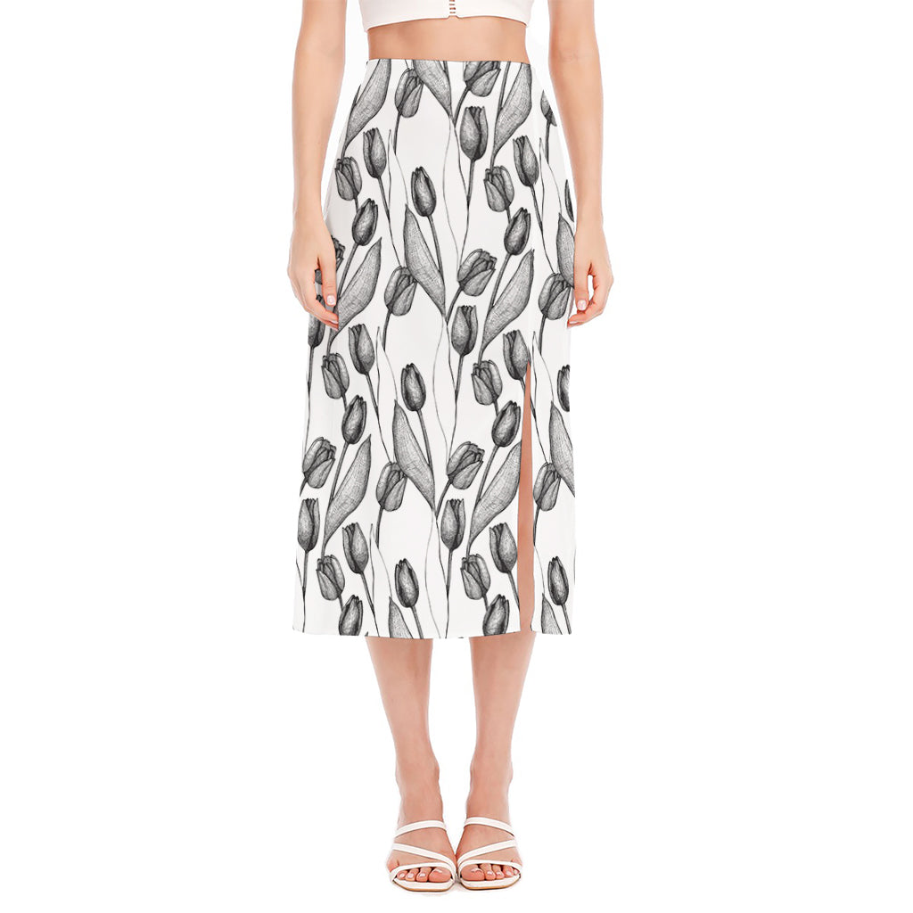 Black And White Tulip Pattern Print Side Slit Midi Skirt