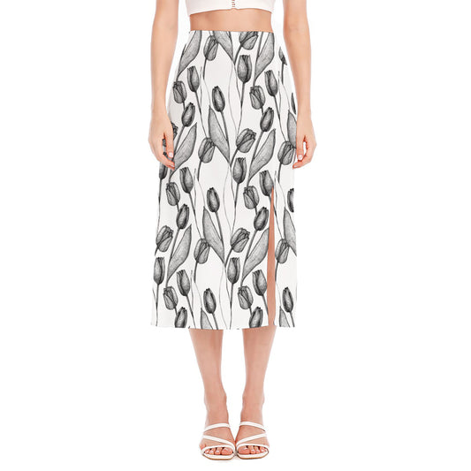 Black And White Tulip Pattern Print Side Slit Midi Skirt