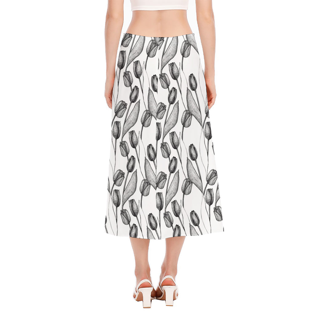 Black And White Tulip Pattern Print Side Slit Midi Skirt