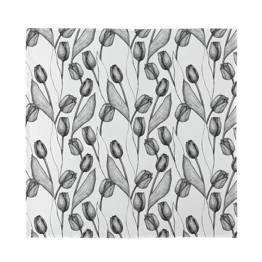 Black And White Tulip Pattern Print Silk Bandana