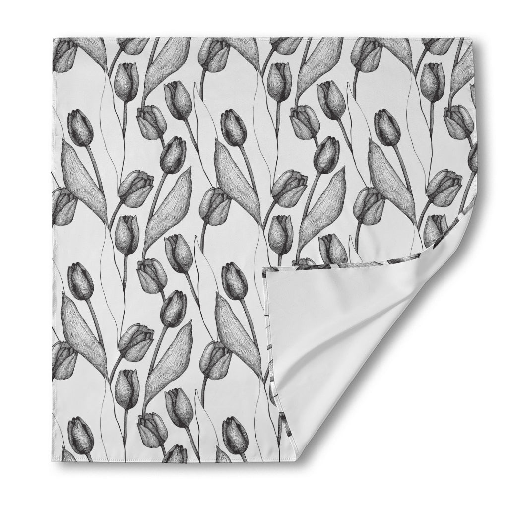 Black And White Tulip Pattern Print Silk Bandana