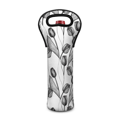 Black And White Tulip Pattern Print Single Neoprene Wine Tote