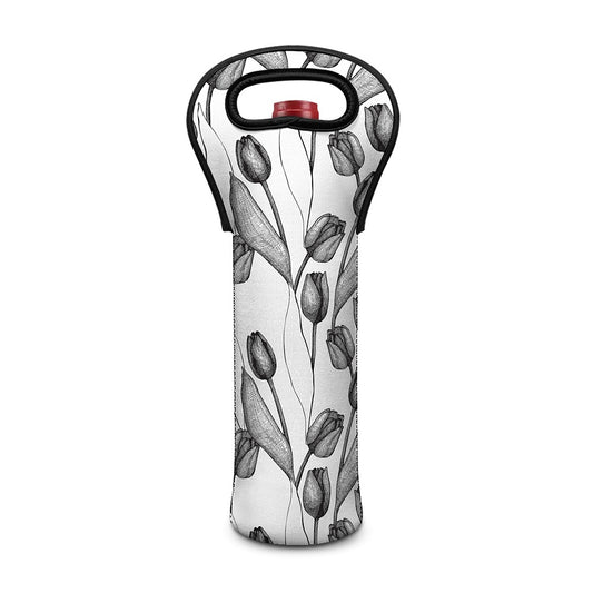 Black And White Tulip Pattern Print Single Neoprene Wine Tote