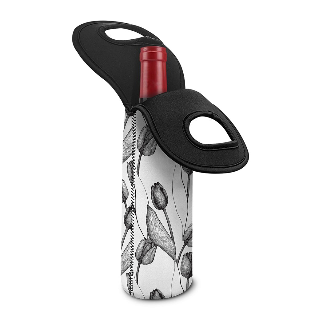Black And White Tulip Pattern Print Single Neoprene Wine Tote