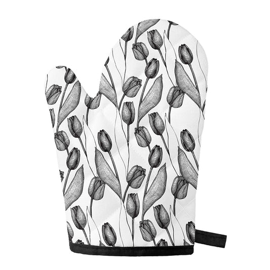 Black And White Tulip Pattern Print Single Oven Mitt