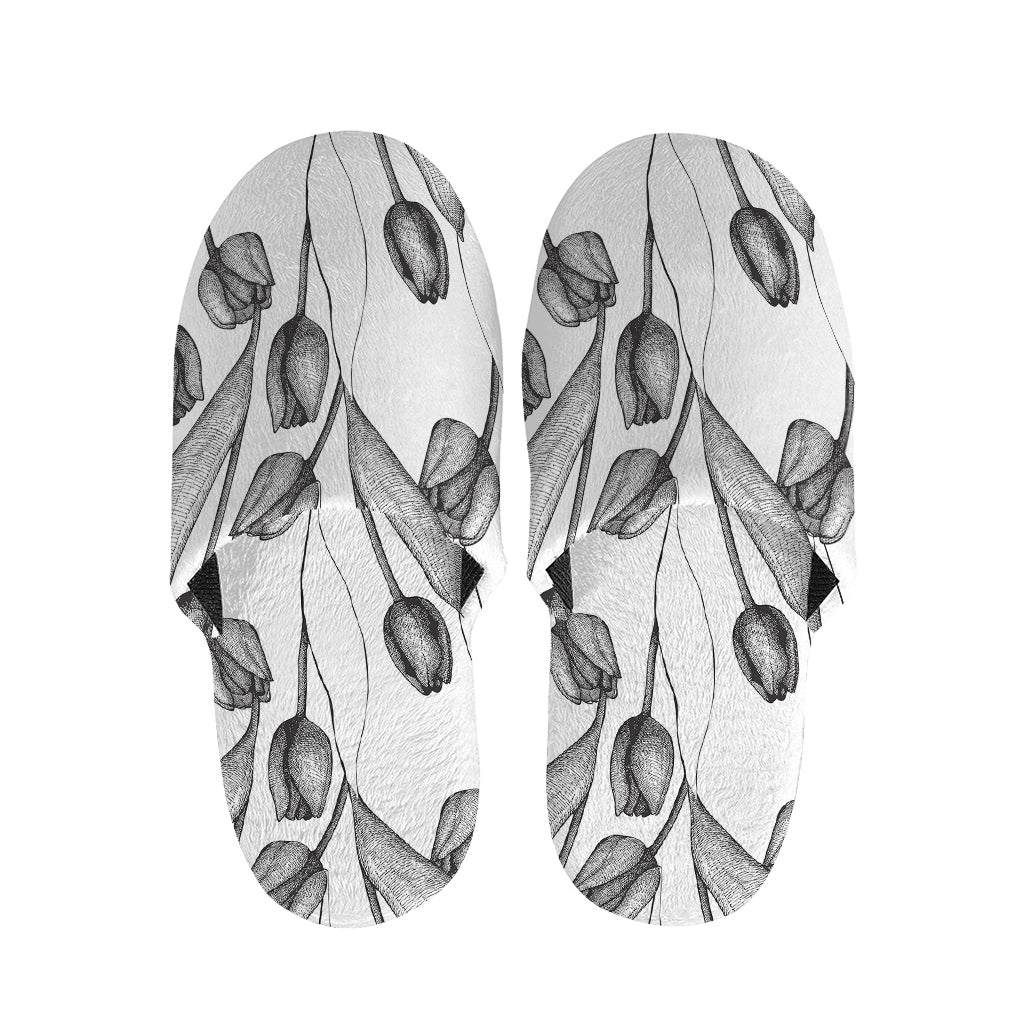 Black And White Tulip Pattern Print Slippers