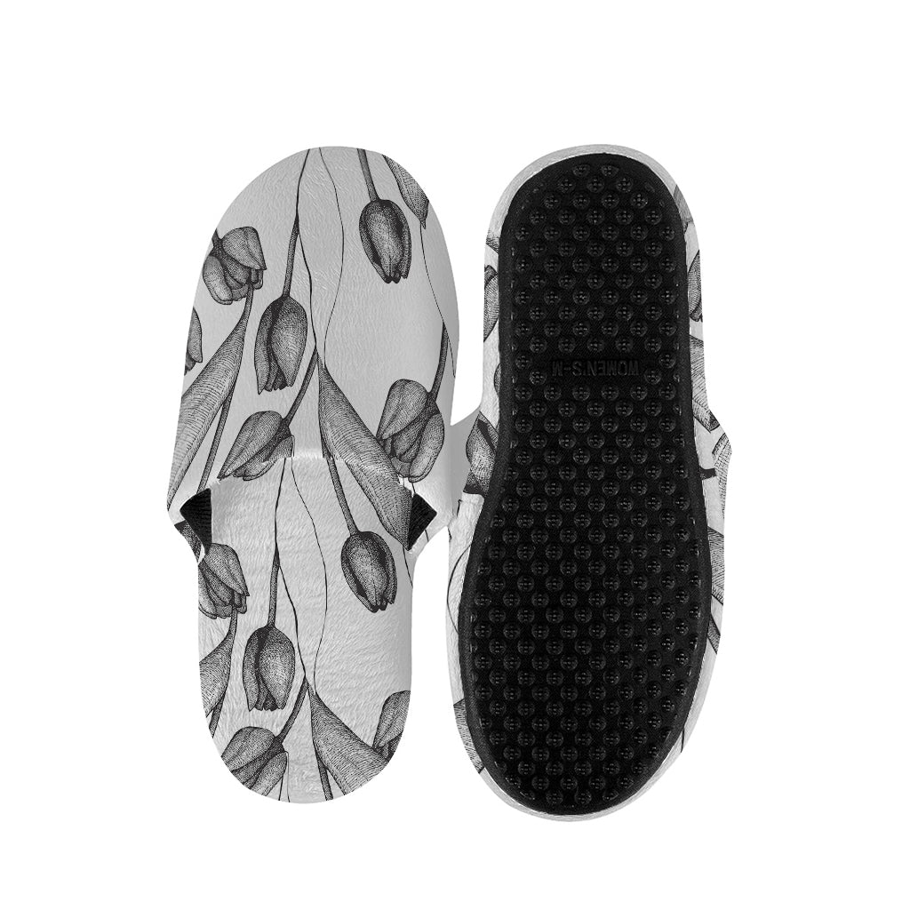 Black And White Tulip Pattern Print Slippers