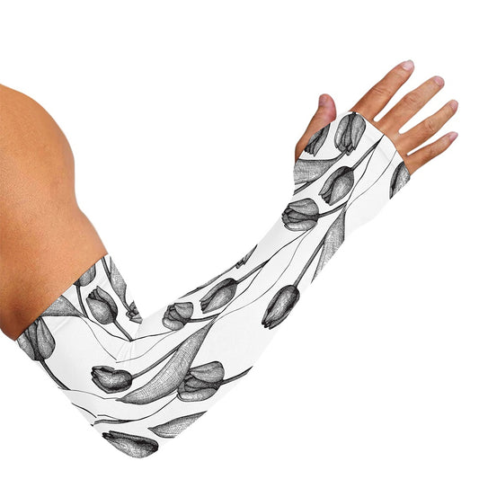Black And White Tulip Pattern Print Sun Protection Arm Sleeves