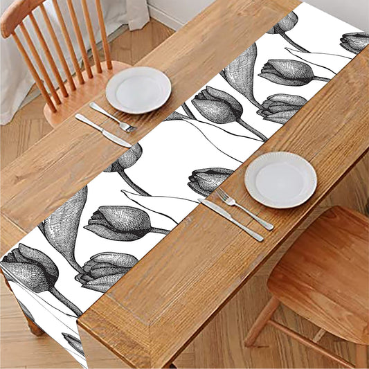 Black And White Tulip Pattern Print Table Runner