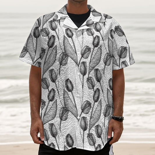 Black And White Tulip Pattern Print Textured Short Sleeve Shirt