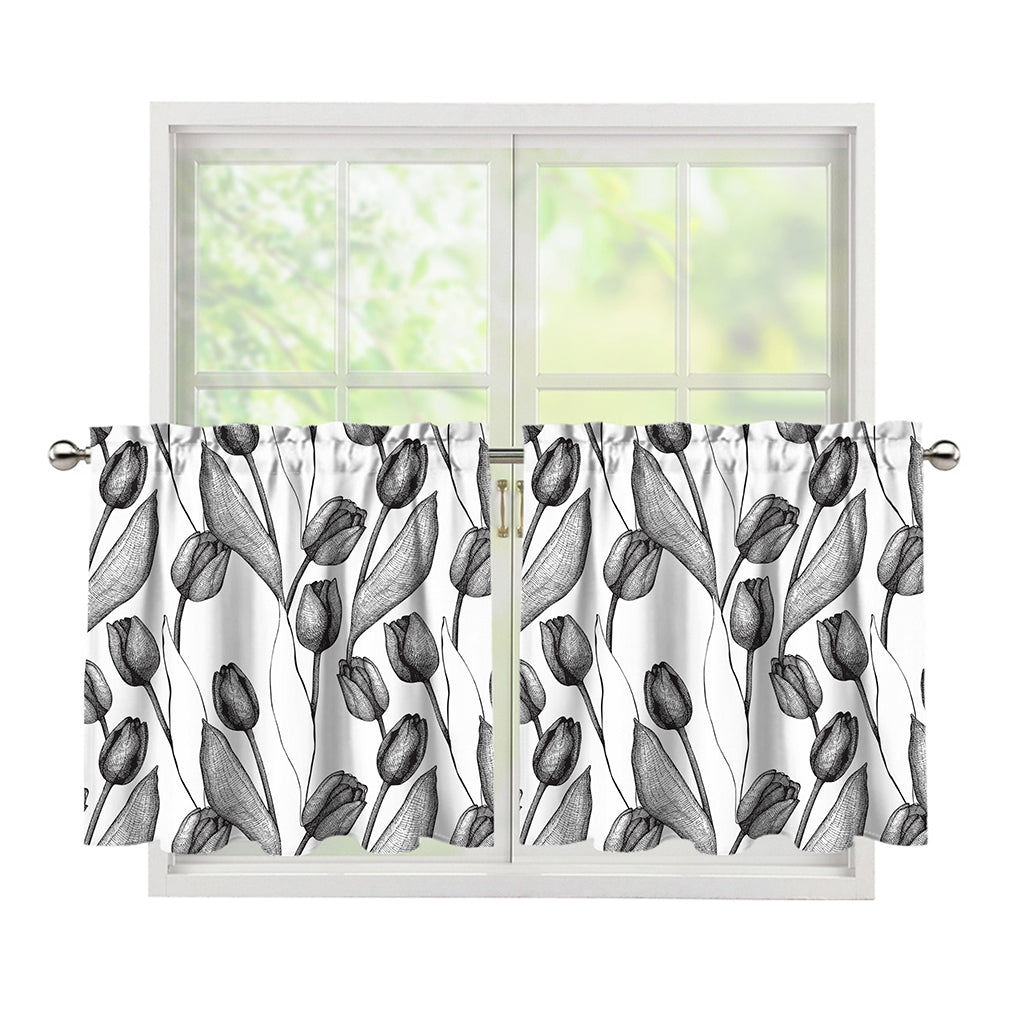 Black And White Tulip Pattern Print Tier Curtains