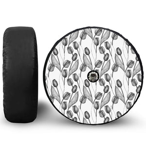 Black And White Tulip Pattern Print Tire Cover With Camera Hole