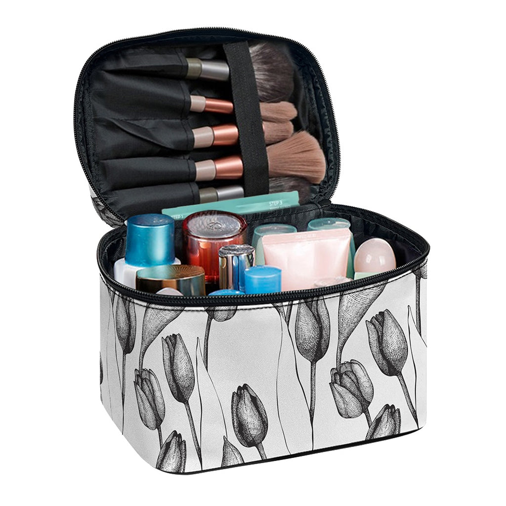 Black And White Tulip Pattern Print Travel Makeup Bag