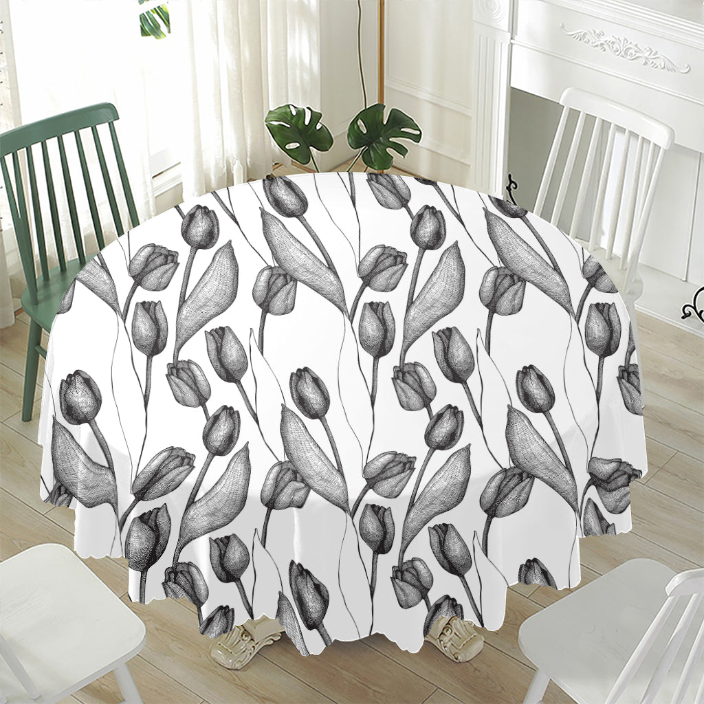 Black And White Tulip Pattern Print Waterproof Round Tablecloth
