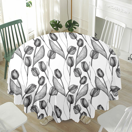 Black And White Tulip Pattern Print Waterproof Round Tablecloth