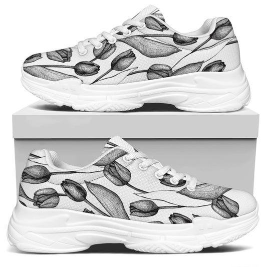 Black And White Tulip Pattern Print White Chunky Shoes
