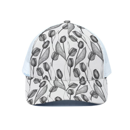 Black And White Tulip Pattern Print White Mesh Trucker Cap