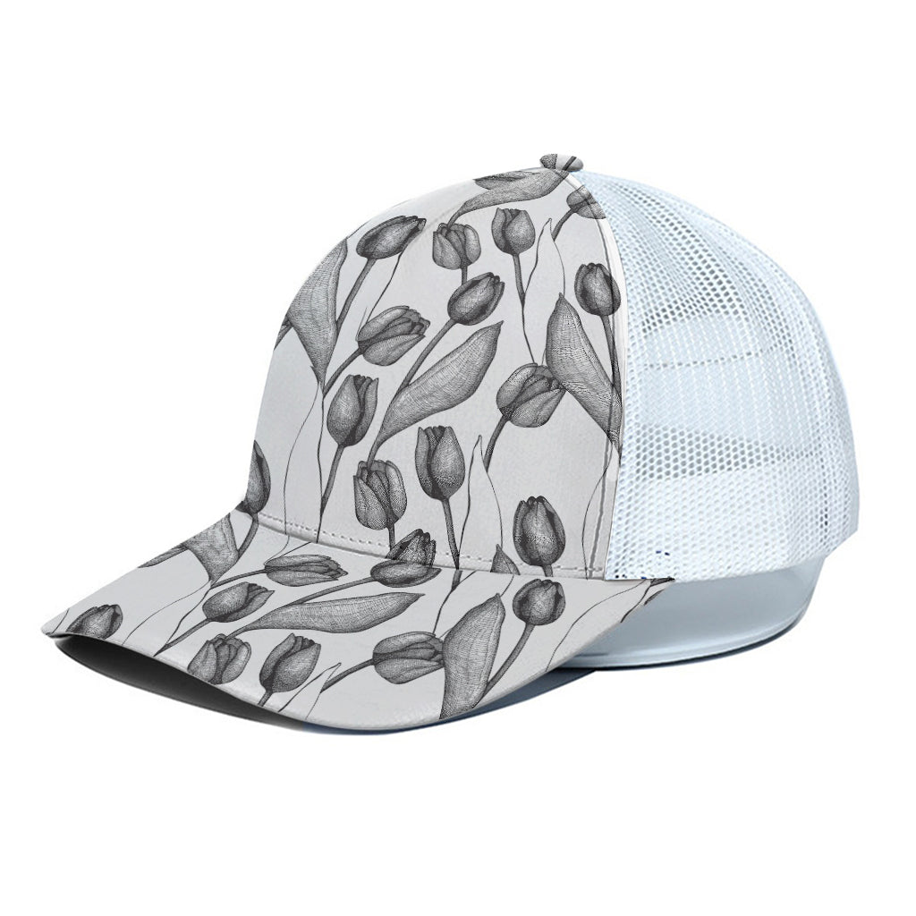 Black And White Tulip Pattern Print White Mesh Trucker Cap