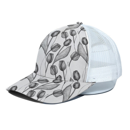 Black And White Tulip Pattern Print White Mesh Trucker Cap