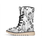 Black And White Tulip Pattern Print Winter Boots