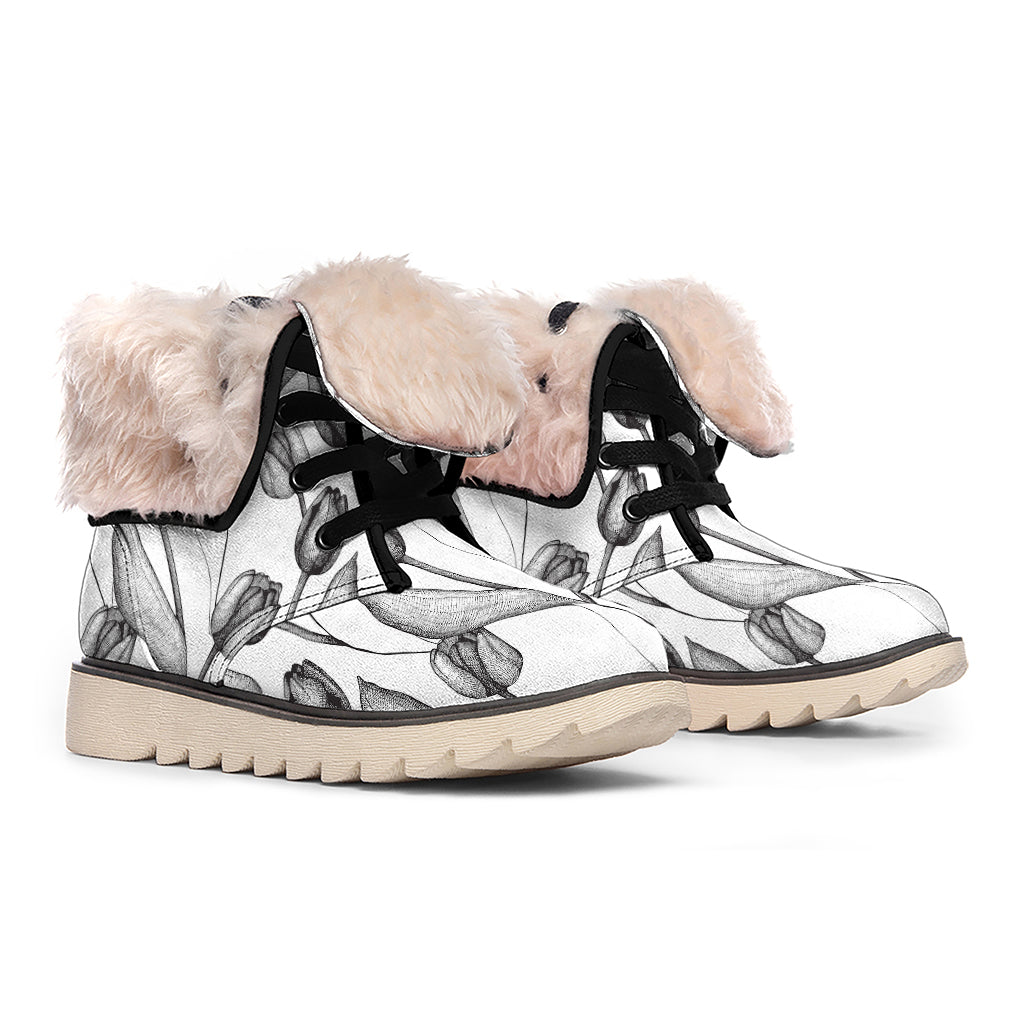 Black And White Tulip Pattern Print Winter Boots