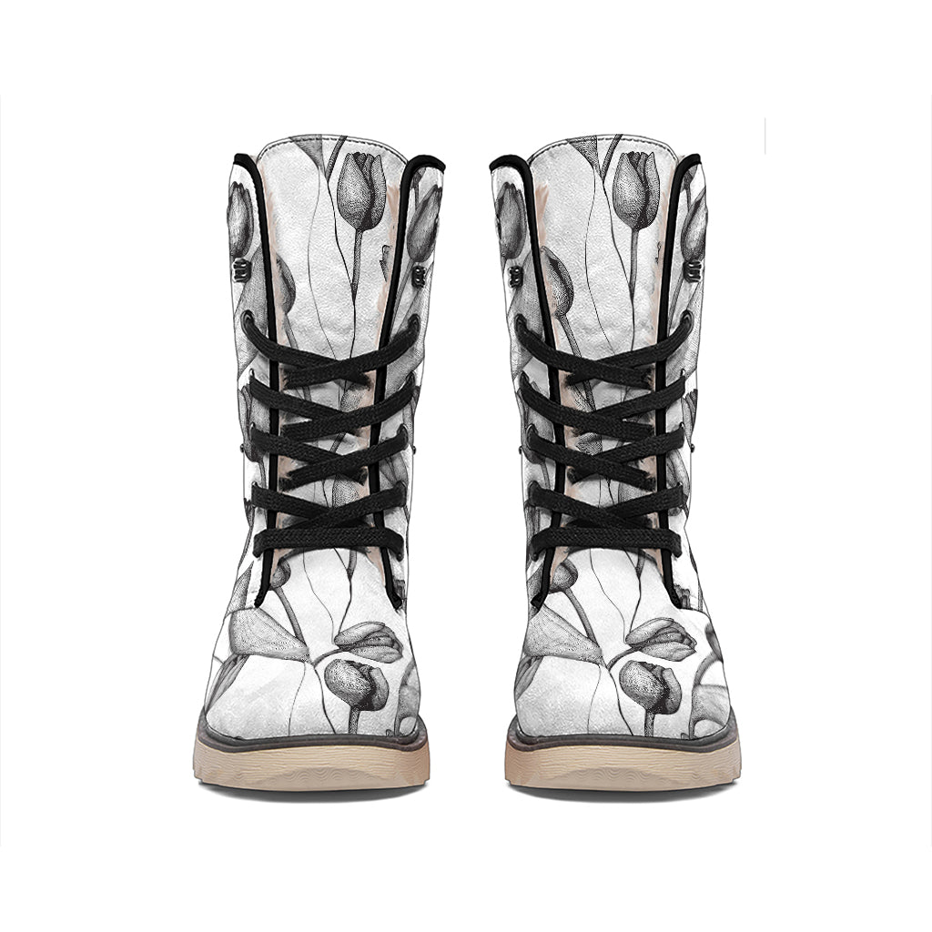Black And White Tulip Pattern Print Winter Boots