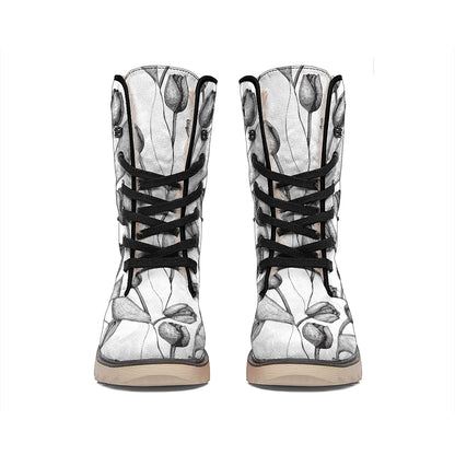 Black And White Tulip Pattern Print Winter Boots