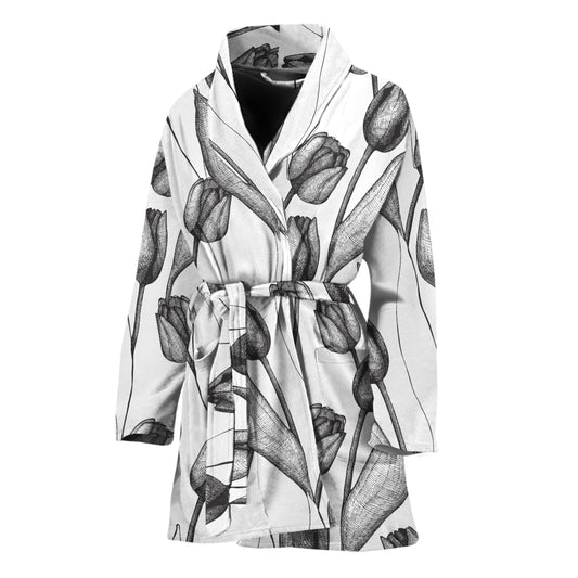 Black And White Tulip Pattern Print Women's Bathrobe