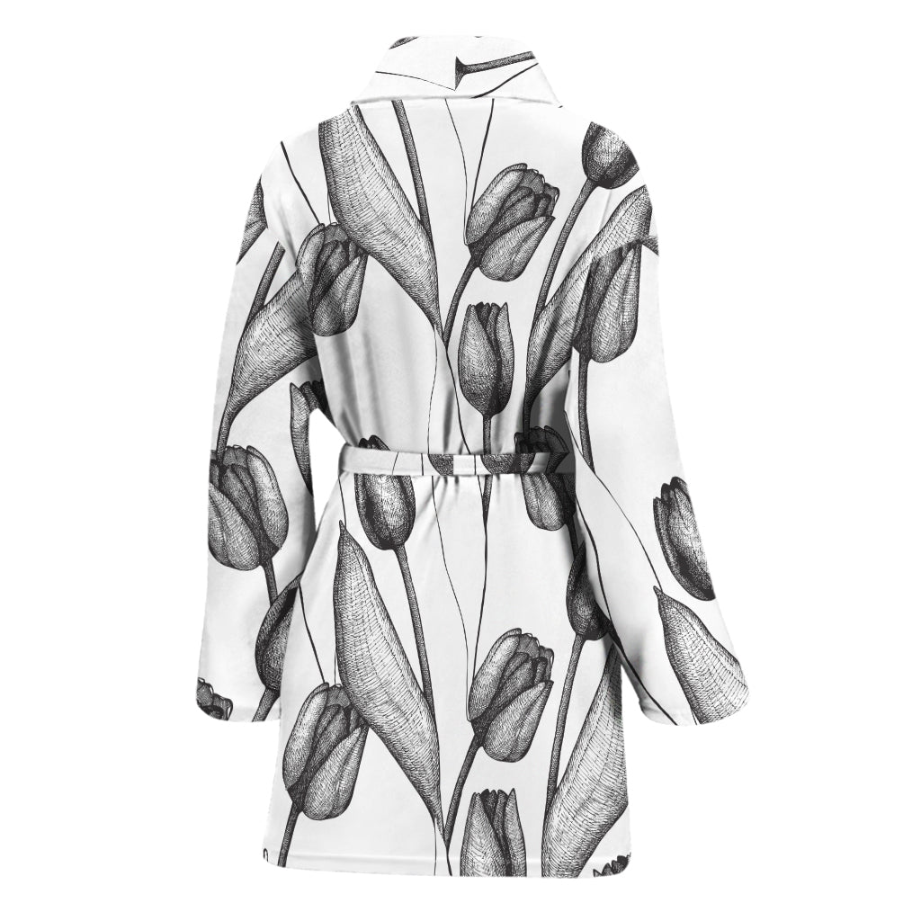 Black And White Tulip Pattern Print Women's Bathrobe