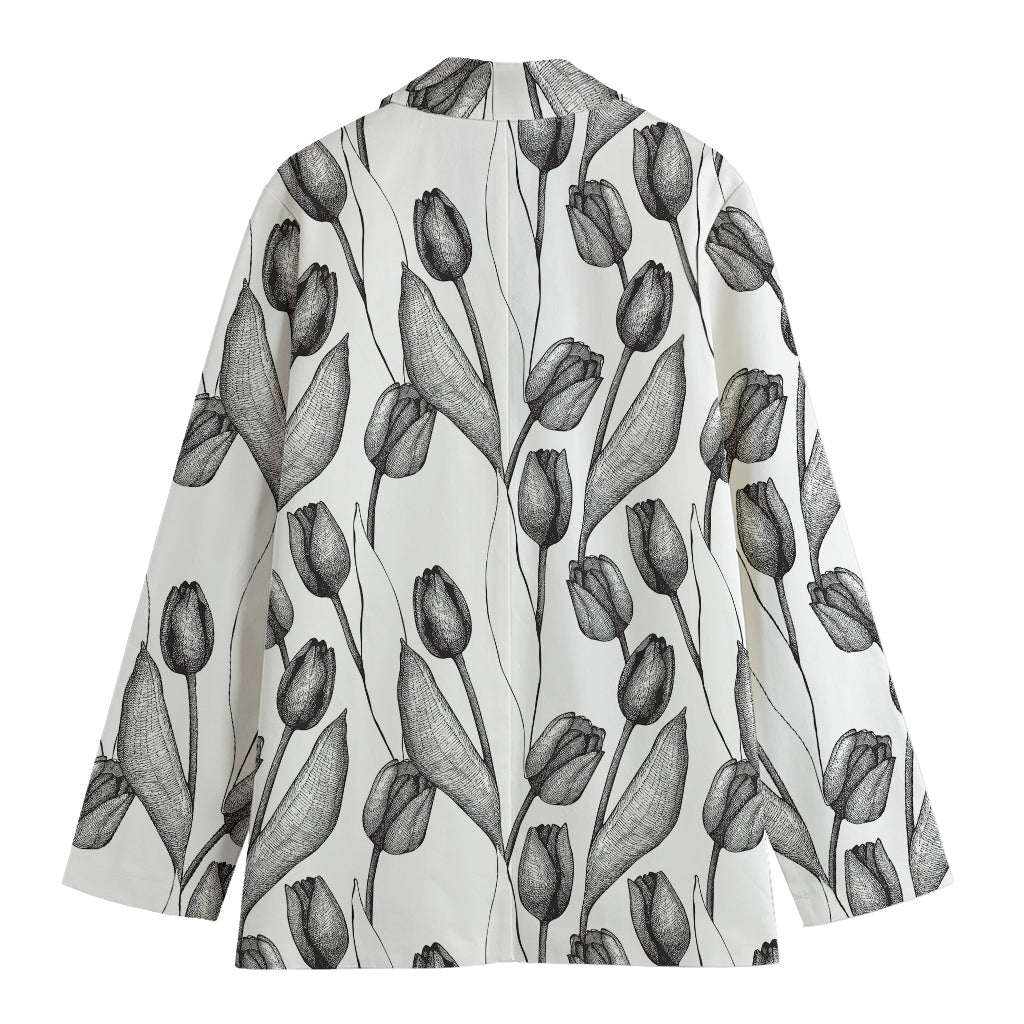 Black And White Tulip Pattern Print Women's Blazer