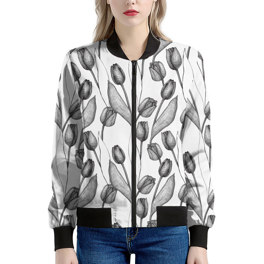 Black And White Tulip Pattern Print Women's Bomber Jacket