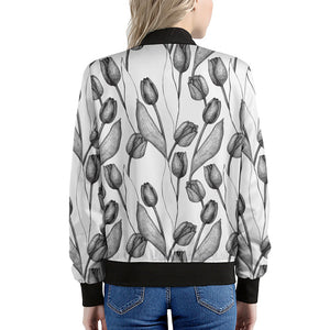 Black And White Tulip Pattern Print Women's Bomber Jacket