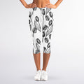 Black And White Tulip Pattern Print Women's Capri Leggings