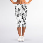 Black And White Tulip Pattern Print Women's Capri Leggings