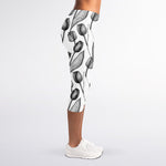 Black And White Tulip Pattern Print Women's Capri Leggings